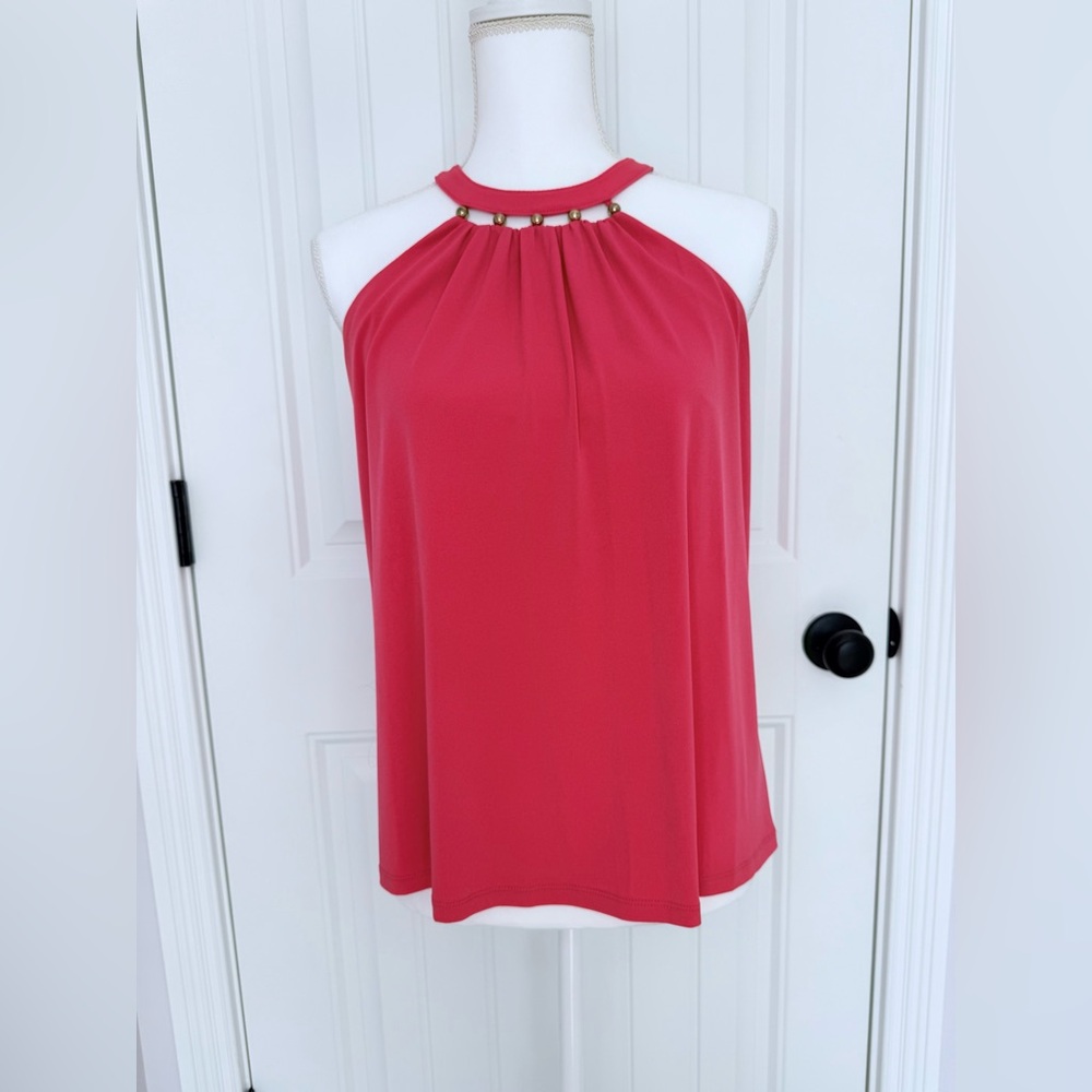 Michael Kors Vibrant Coral Halter Blouse with Gold Accents